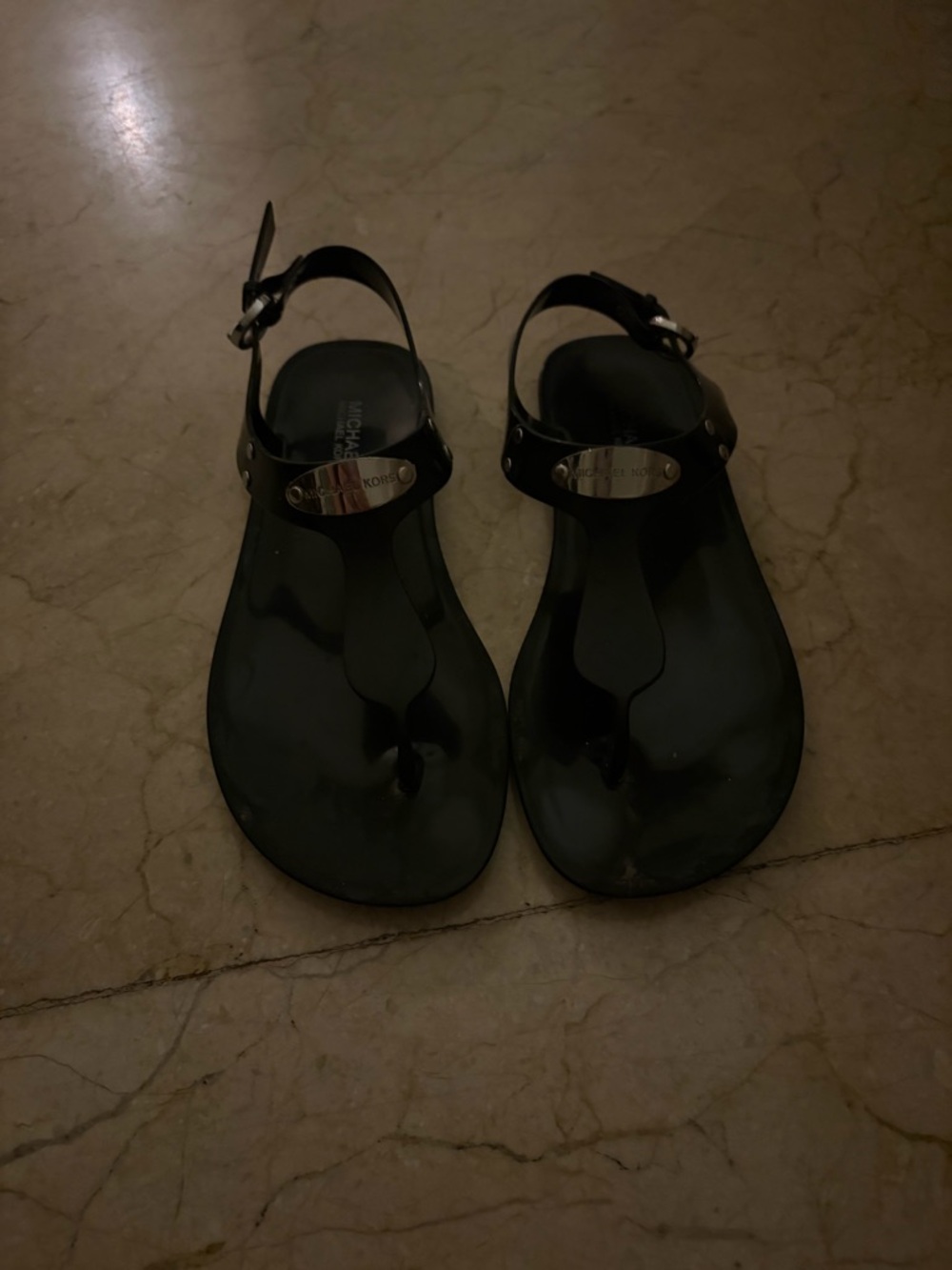 Michael Kors Black Jelly T-Strap Sandals with Logo Plate